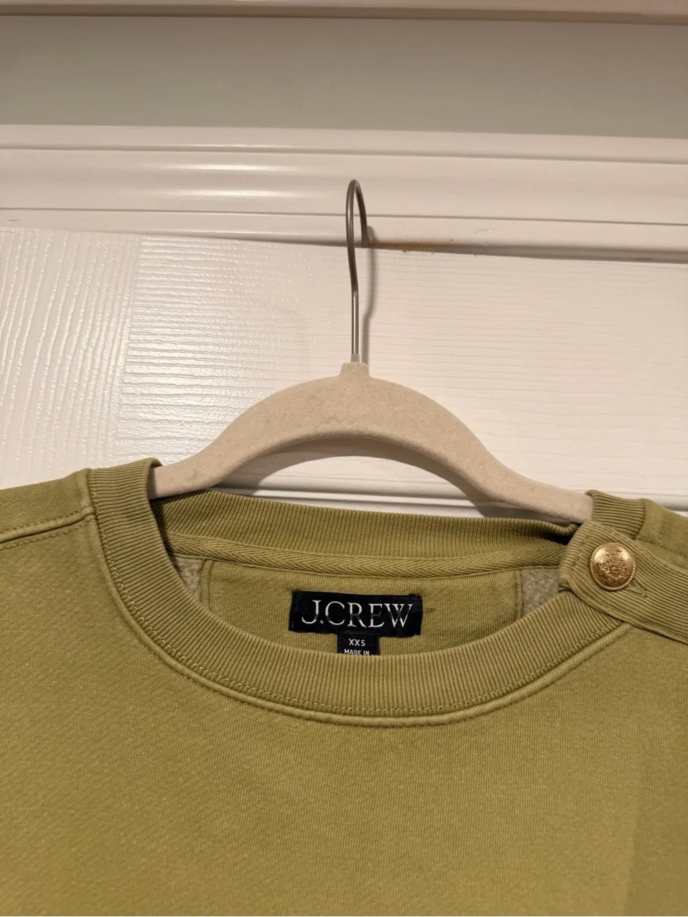 NWOT J.Crew Size XXS Green Gold Button Shoulder Sweatshirt Crewneck Pullover Top